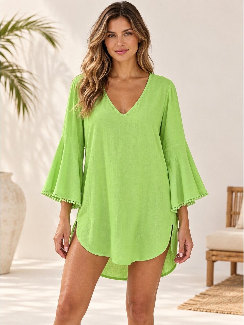 Cia.Marítima Lime Green Bell Sleeve Pom Trim Beach Cover-Up M/L